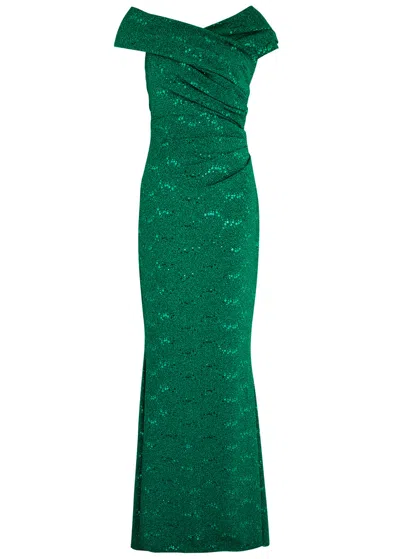 Talbot Runhof Off-the-shoulder Embellished Metallic Gown In Green