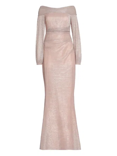 Talbot Runhof Off-the-shoulder Pleated Gown In Pink