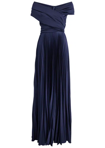 Talbot Runhof Off-the-shoulder Pleated Satin Gown In Navy