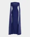 Talbot Runhof Off-the-shoulder Ruched Mesh Cape Gown In 427 Cobalt