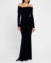 TALBOT RUNHOF OFF-THE-SHOULDER STRETCH VELVET LONG-SLEEVE GOWN