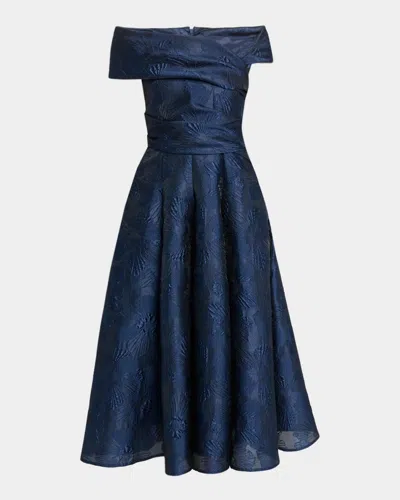 Talbot Runhof Off-shoulder Jacquard Dress With Pockets In Blue