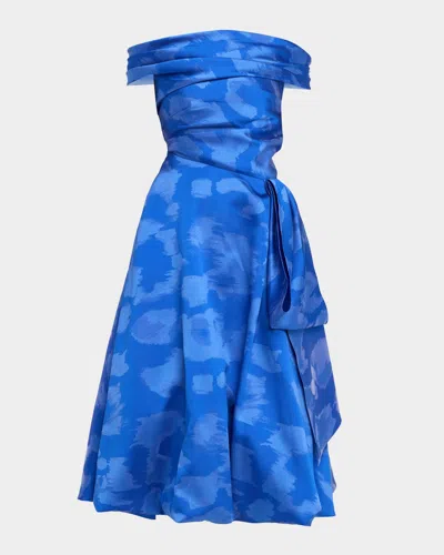 Talbot Runhof Off-the-shoulder Draped Floral Jacquard Midi Dress In Purple