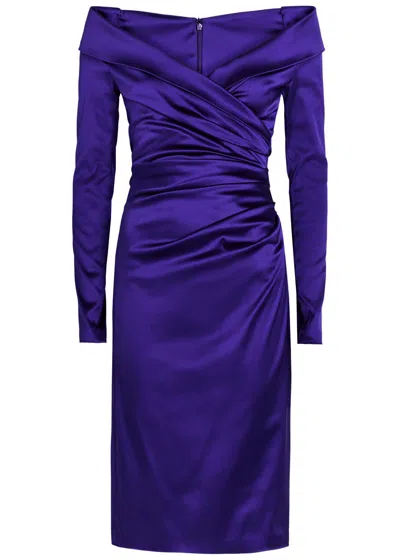 Talbot Runhof Off-the-shoulder Gathered Satin Midi Dress In Blue