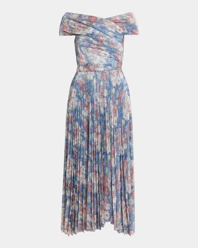 Talbot Runhof Off-the-shoulder Metallic Floral Voile Pleated Midi Cocktail Dress In Blue