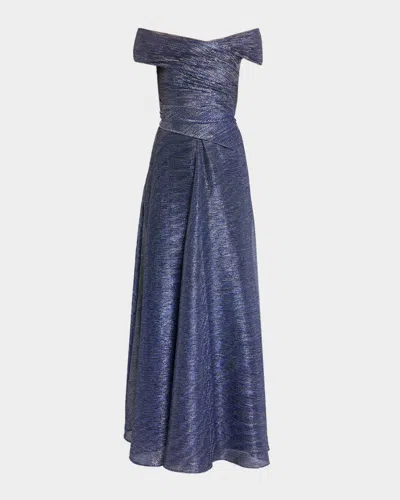 Talbot Runhof Off-the-shoulder Metallic Voile Long Dress In Blue