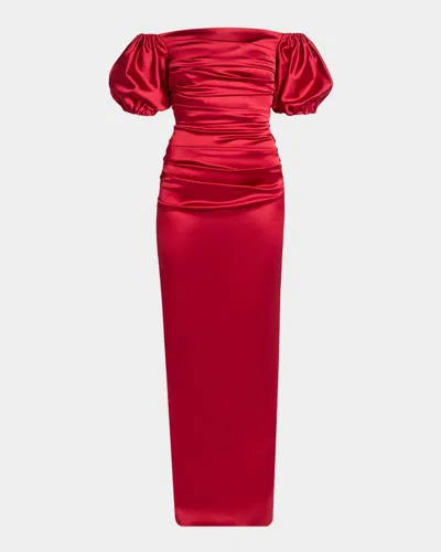 Talbot Runhof Off-the-shoulder Stretch Satin Duchesse Column Gown In Scarlet