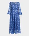 Talbot Runhof Paillette Rose Lace 3/4-sleeve Midi Dress In Blue