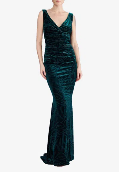 Talbot Runhof Palm Leaf Velvet Sleeveless Gown In Green