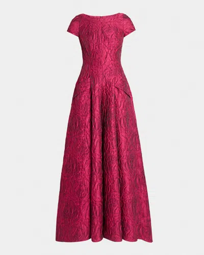 Talbot Runhof Poiret Rose Jacquard Short-sleeve Ball Gown In Blue