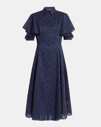 Talbot Runhof Pril Flower Organdy Flounce-sleeve Midi Shirtdress In Royal Navy