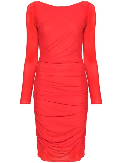 Talbot Runhof Ruched Long-sleeve Midi Dress In Red