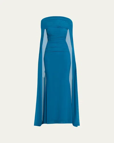 Talbot Runhof Ruched Mesh Cape Evening Gown In Blue