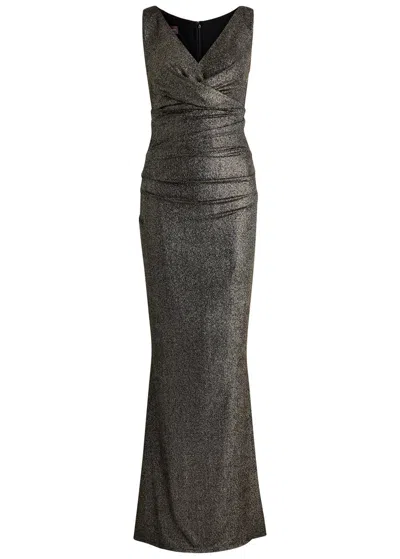 Talbot Runhof Ruched Metallic Fine-knit Gown In Gold