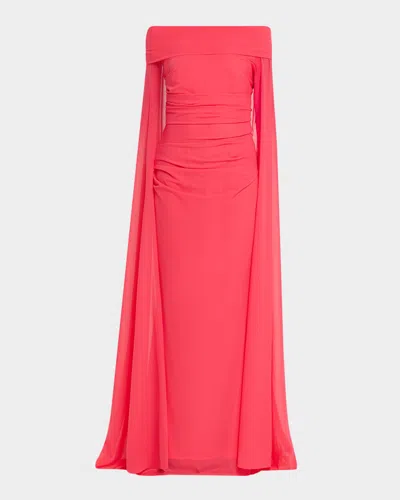Talbot Runhof Ruched Off-the-shoulder Mesh Cape Gown In Pink