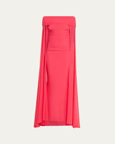 TALBOT RUNHOF RUCHED OFF-THE-SHOULDER MESH CAPE GOWN