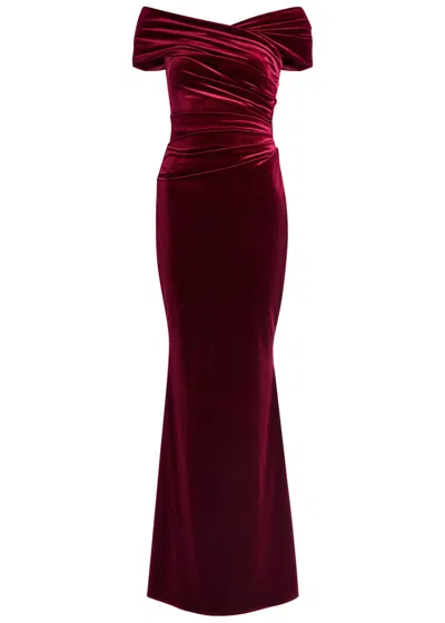 Talbot Runhof Ruched Velvet Gown In Burgundy