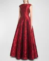 Talbot Runhof Ruffles Jacquard Cap-sleeve Gown In Scarlet