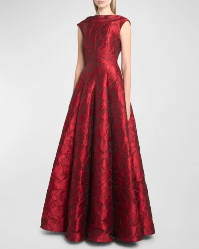 Talbot Runhof Ruffles Jacquard Cap-sleeve Gown In Scarlet