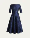 Talbot Runhof Rose Jacquard Elbow-sleeve Midi Dress In Blue