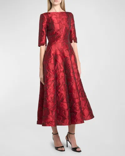 Talbot Runhof Ruffles Jacquard Fit-flare Midi Dress In Scarlet
