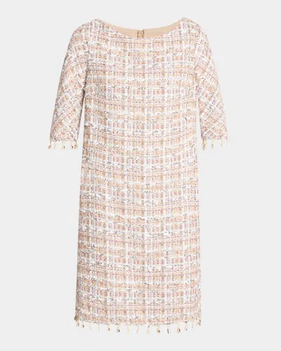 Talbot Runhof Safari Tweed Beaded-fringe Dress In Neutral