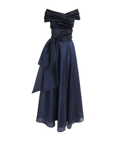 Talbot Runhof Satin Duchesse Off-the-shoulder Bow Gown In Blue