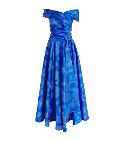 Talbot Runhof Satin Off-the-shoulder Gown In Blue