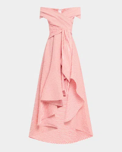 Talbot Runhof Seersucker Off-the-shoulder Waist-tie High-low Dress In Pomegranate