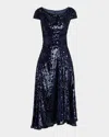 Talbot Runhof Sequined Fit & Flare Midi Dress In Blue