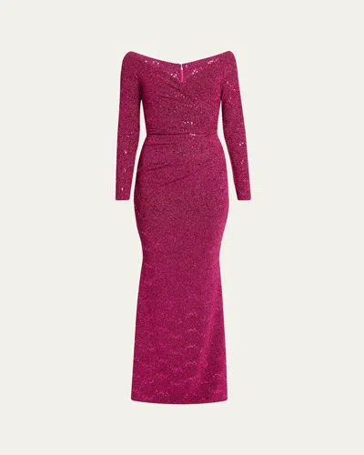 Talbot Runhof Sequined Off-shoulder Long-sleeve Gown In Pink