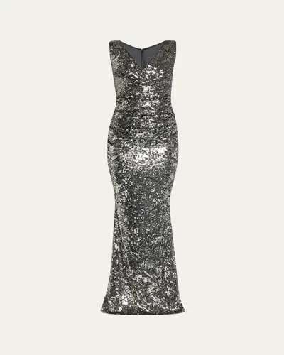 Talbot Runhof Sequined V-neck Sleeveless Mermaid Gown In Silver