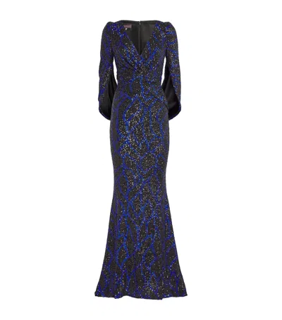 Talbot Runhof Sequinned Cape Gown In Navy