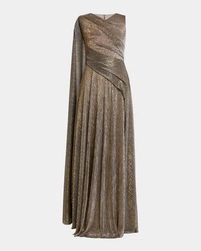 Talbot Runhof Shimmering Draped Sleeveless Evening Dress In Brown