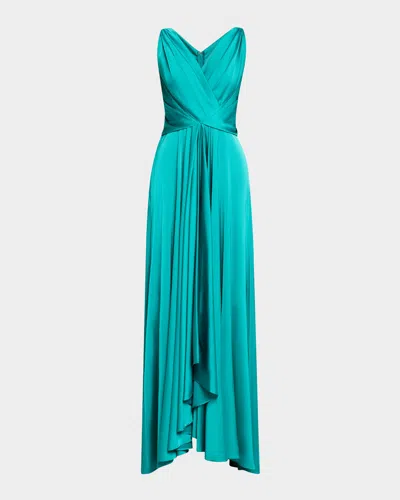 Talbot Runhof Sleeveless Draped Voile Satin Gown In Turquoise