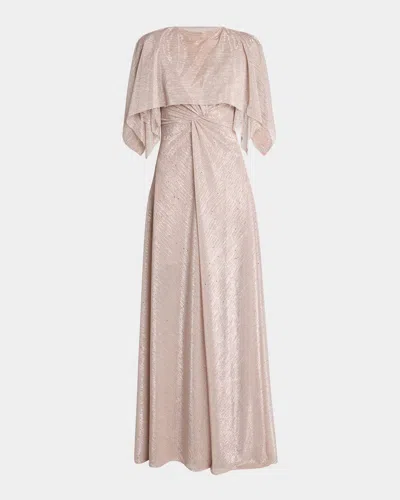 Talbot Runhof Sprinkled Metallic Voile Cape Twisted Gown In Marble