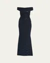 Talbot Runhof Stardust Jersey Off-the-shoulder Gown In Navy