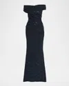 Talbot Runhof Stardust Jersey Off-the-shoulder Gown In Navy