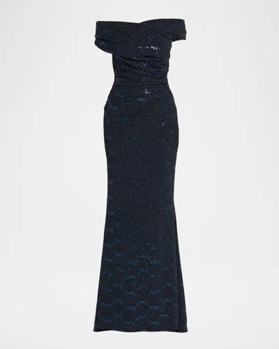 Talbot Runhof Stardust Jersey Off-the-shoulder Gown In Navy
