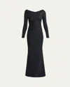 Talbot Runhof Stardust Trumpet Jersey Long-sleeve Gown In Midnight