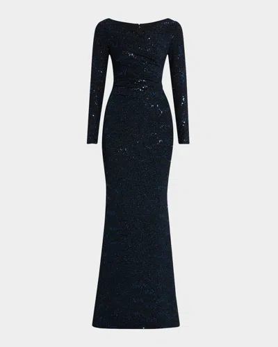 Talbot Runhof Stardust Trumpet Jersey Long-sleeve Gown In Navy