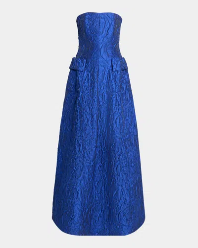 Talbot Runhof Strapless Poiret Rose Jacquard Pocket Gown In Blue