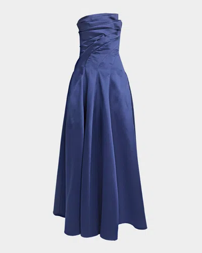 Talbot Runhof Strapless Zigzag Draped Mikado Silk Ball Gown In Blue