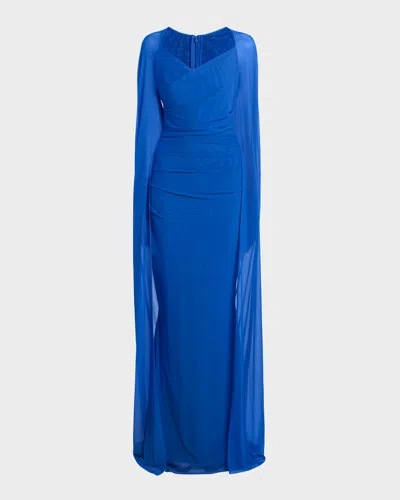 Talbot Runhof Stretch Tulle Cape Gown In Blue