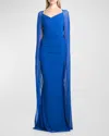 Talbot Runhof Stretch Tulle Cape Gown In Royal Blue