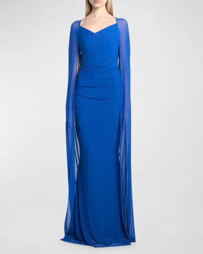 Talbot Runhof Stretch Tulle Cape Gown In Blue