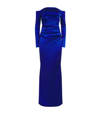 Talbot Runhof Stretch-satin Gathered Column Gown In Blue