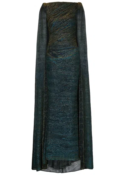 Talbot Runhof Teal Metallic-weave Cape-effect Gown In Green