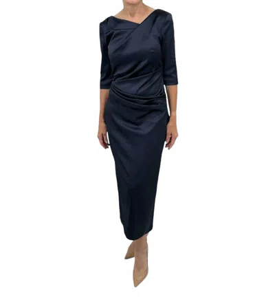 Talbot Runhof Three-quarter Sleeve Satin Duchesse Midi Dress In Navy In Blue