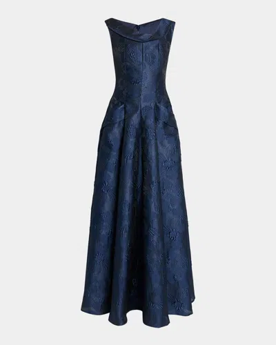 Talbot Runhof Twisted Collar Anemone Jacquard Sleeveless Gown In Blue